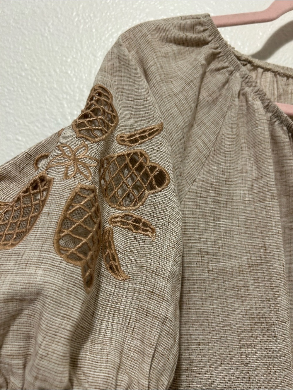 Woven Taupe Button-Front Peasant Blouse - Picture 6 of 8